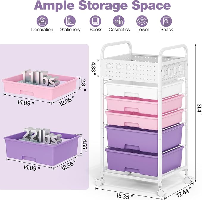 5 Drawer Rolling Storage Cart with Pegboard Top and Hooks, Mobile Organizer Cart with Wheels for Office Supplies, Craft Storage, Classroom Organization, Home Utility Cart, Dreamy Color