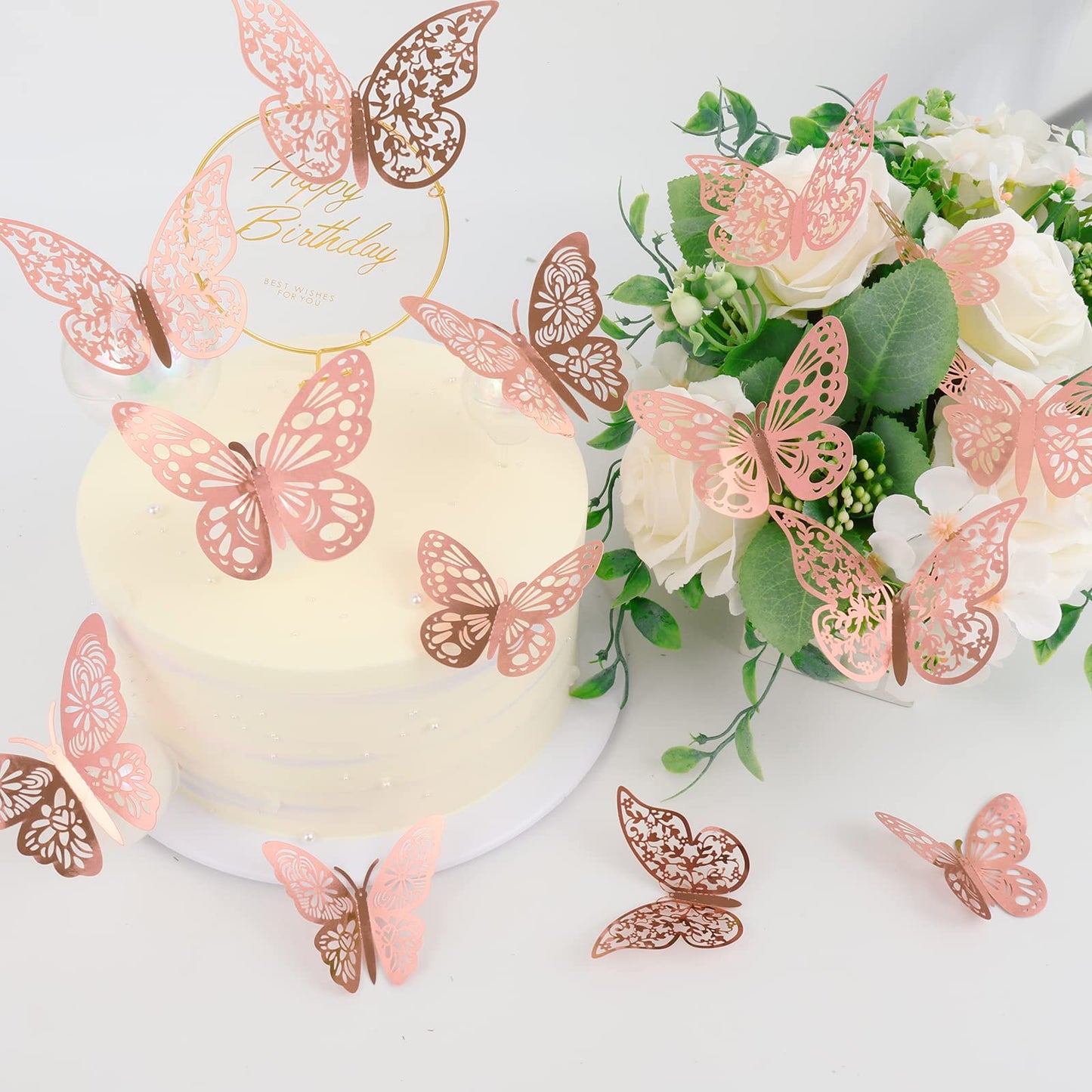 Nelotaor 36 Pcs Butterfly Wall Decor, 3 Styles 3 Sizes 3D Rose Gold Butterfly, Wedding & Birthday Party Decorations, Girls Bedroom Decoration
