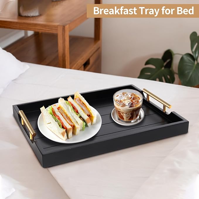 SXNOWS Coffee Table Trays - Large Ottoman Tray for Living Room -Wood Serving Tray with 2 Sets of Handles - Wooden Tray for Coffee Table, 4 Round Coasters Included, Black