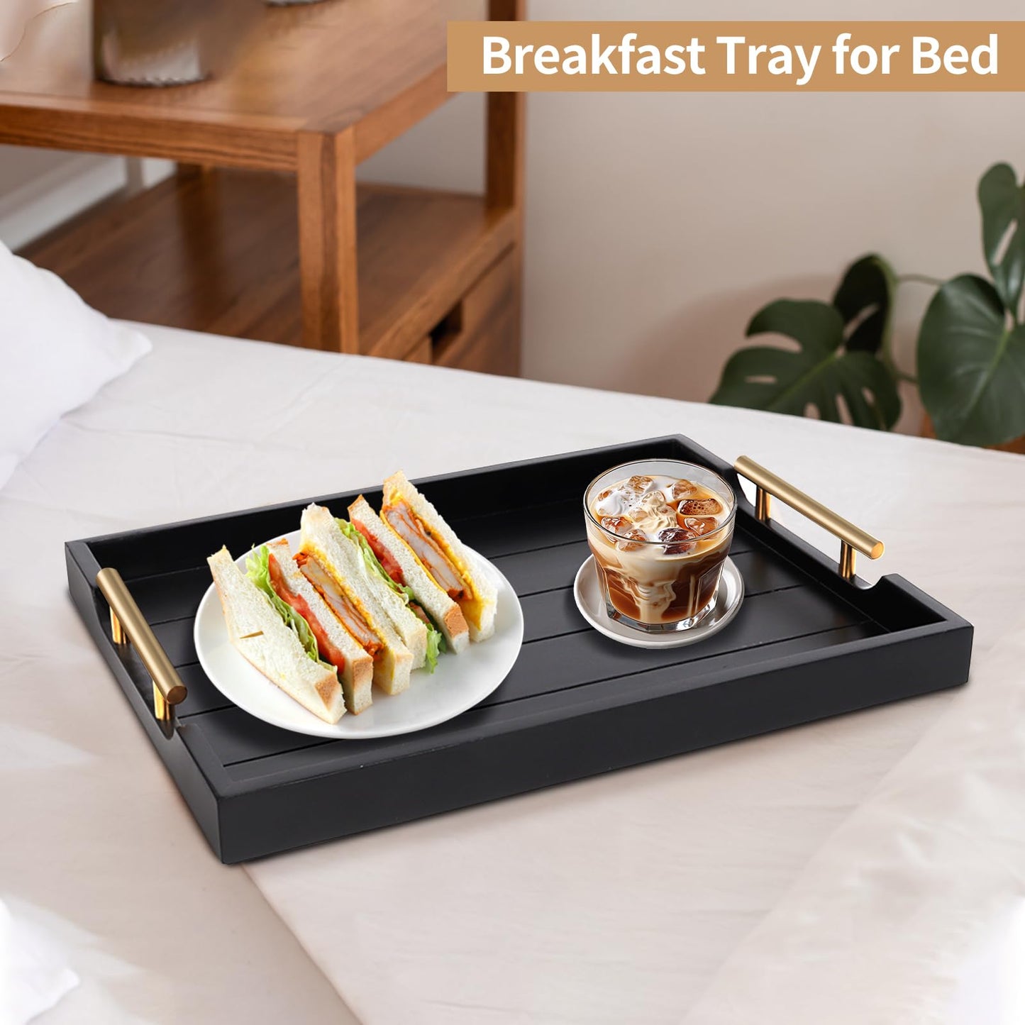 SXNOWS Coffee Table Trays - Large Ottoman Tray for Living Room -Wood Serving Tray with 2 Sets of Handles - Wooden Tray for Coffee Table, 4 Round Coasters Included, Black
