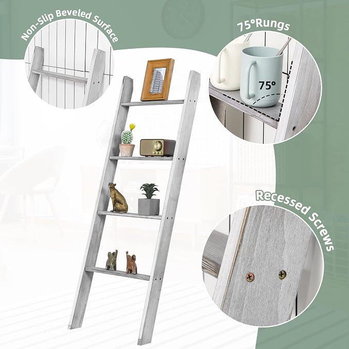 Tangkula 4-Tier Wooden Blanket Ladder, 4.5 ft Farmhouse Storage Rack, Wall Leaning Ladder Shelf Stand, Decorative Blanket Shelf for Living Room, Bathroom & Bedroom (Grey)