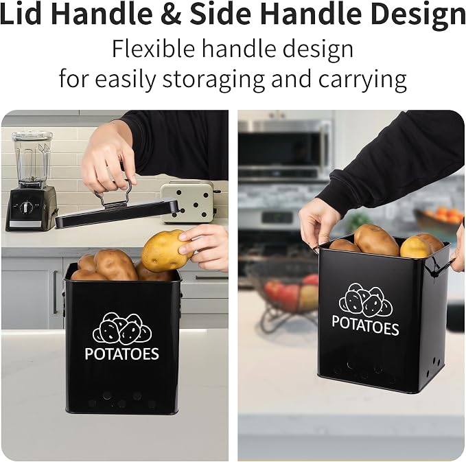 Potato and Onion Storage Bin, Set of 2 Vegetable Storage Tins with Metal Lids & Side Handles, Dual-row Ventilation Holes, Farmhouse Metal Kitchen Canisters Sets, Black