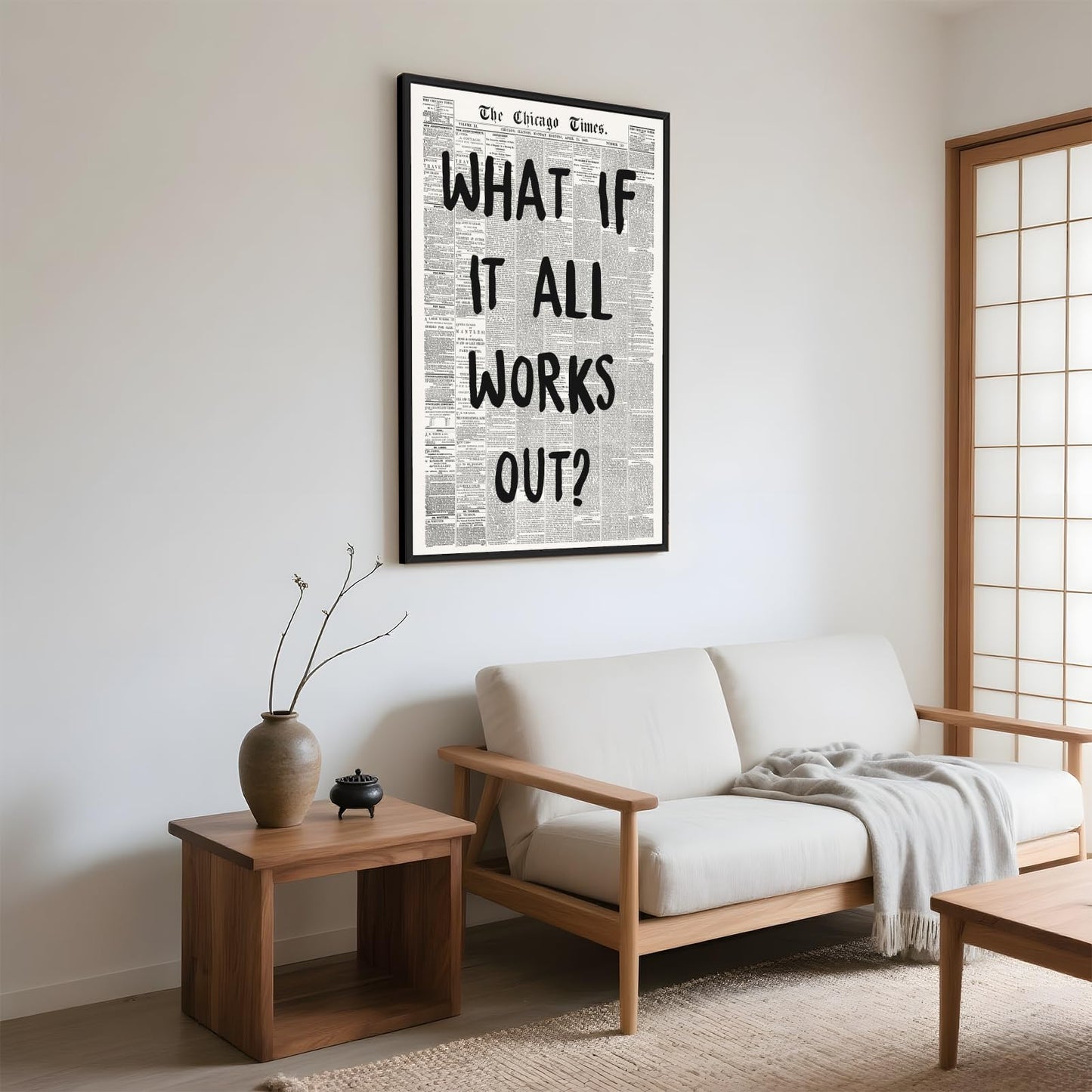 Framed What If It All Works Out Wall Art Black and White Retro Newspaper Poster Positive Motivational Canvas Print Painting Inspirational Quote Picture Wall Decor for Office Home Bedroom 12x16inch
