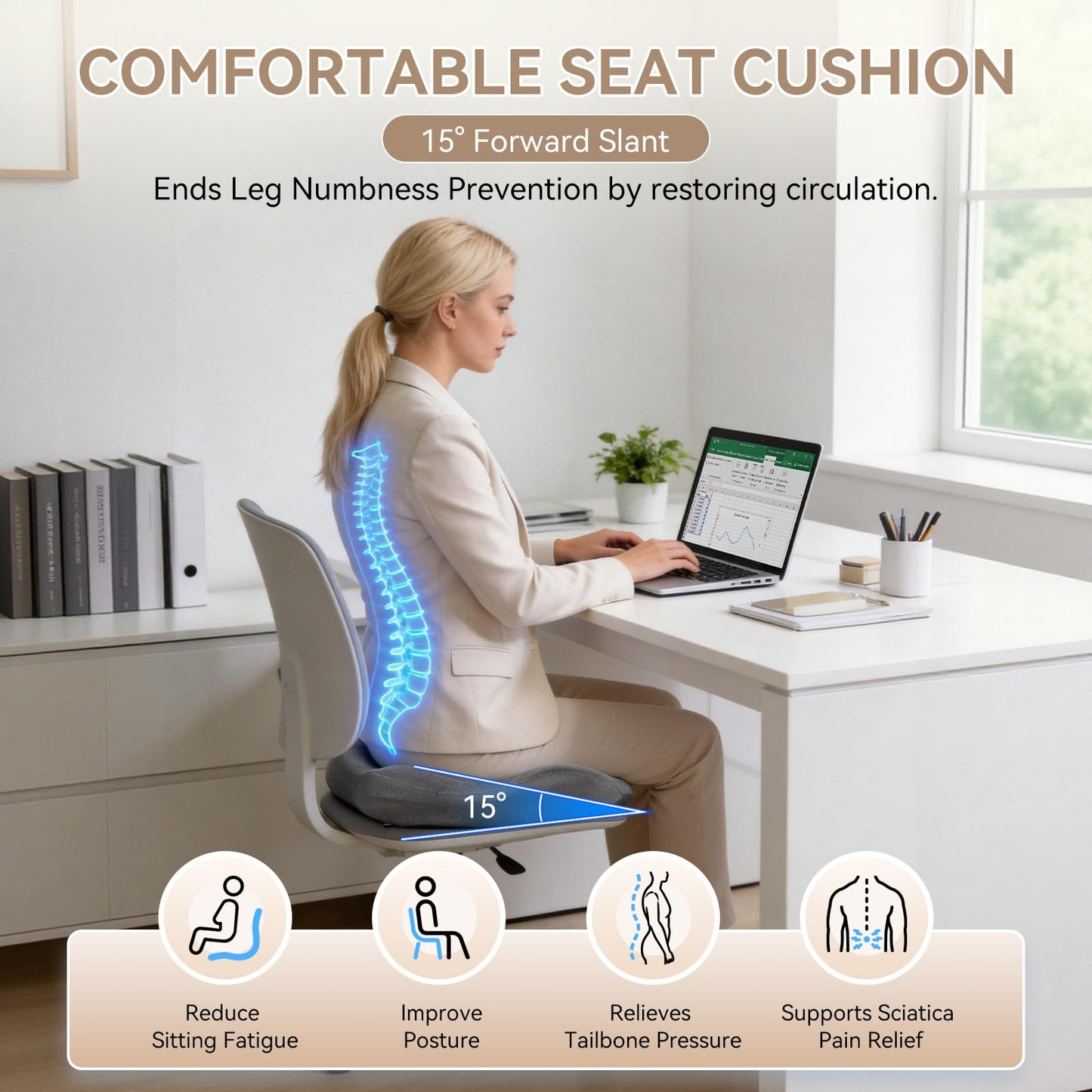 Cxprctpu Memory Foam Seat Cushion with Pressure Relief for Office Chair, Car, Wheelchair, and Sofa, Doctor Recommended Orthopedic Cushion for Tailbone Pain, Sciatica, Hip Back Support, Non Slip, Grey