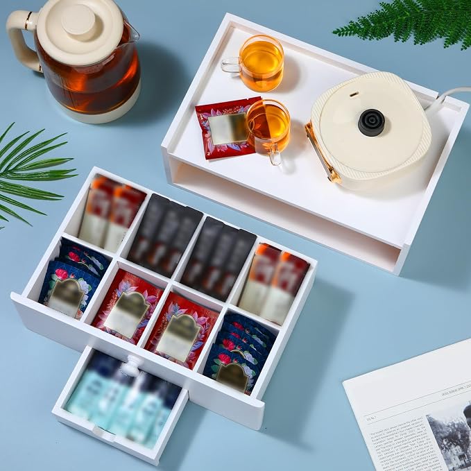 Cinnvoice Tea Bag Organizer Wood Tea Organizer Storage Box 8 Compartments Container Holder with Lid to Storage and Keep Fresh(White)