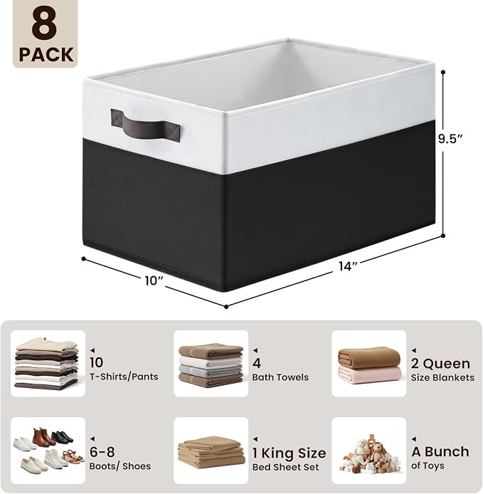 Criusia 8 Pack Large Storage Baskets for Room Organization, Multi-Purpose Bins for Closet, Shelves, Kitchen, Office, Decorative Fabric Foldable Storage Boxes with Handles (14L*10W*9.5H)