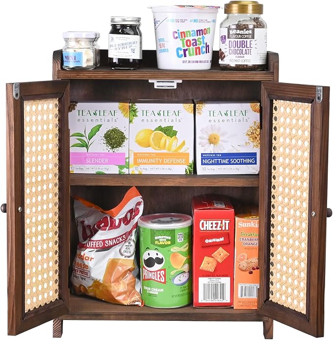 Ikee Design Wooden Countertop Storage Cabinet with Magnetic Rattan Doors, Kitchen Pantry Cabinet with Removable Shelves, Coffee, Snack, Cup Organizer, Dark Brown Color, 12.1W x 6.1D x 15.7H in