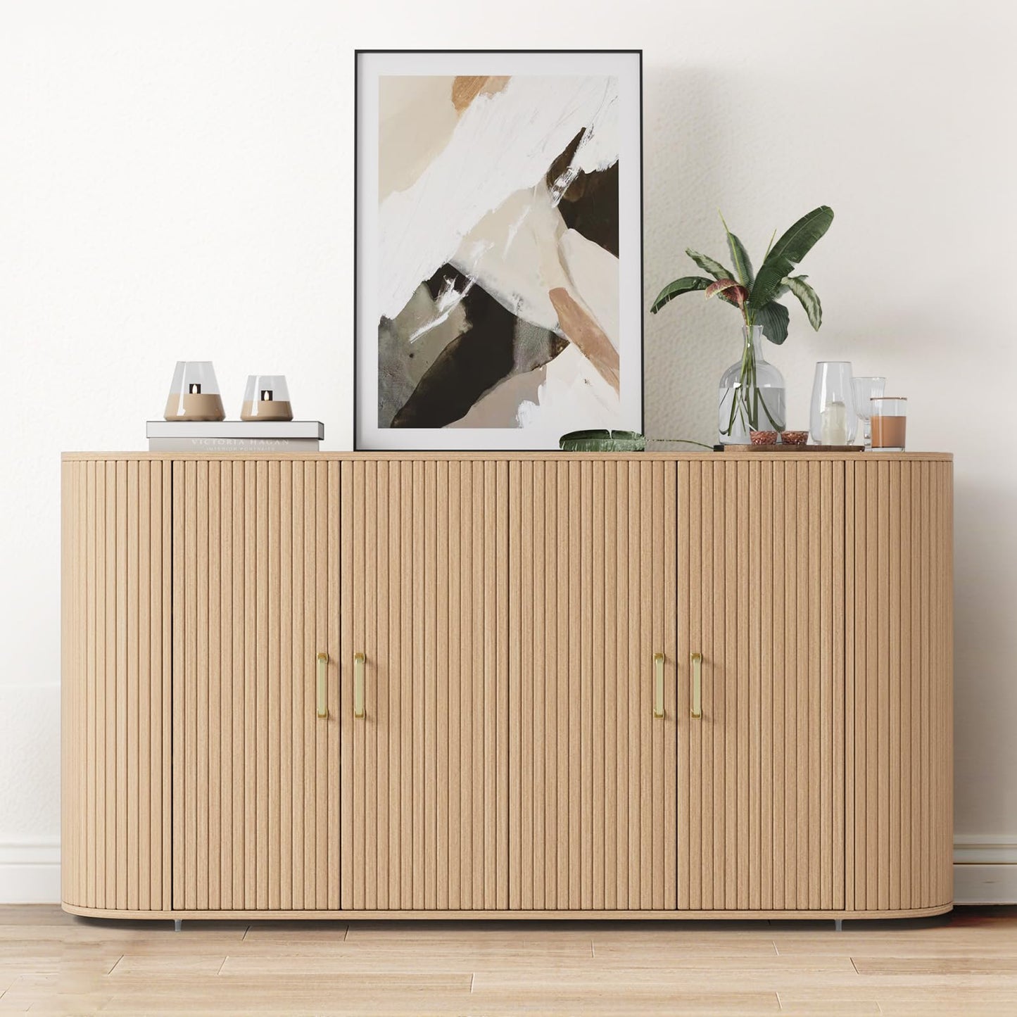 GarveeHome 63" Sideboard Buffet Cabinet with Storage, Modern Fluted Accent Credenza with Adjustable Shelves, Wood Coffee Bar with Curvy Edge, Console Table for Living Room Kitchen Dining Room Hallway