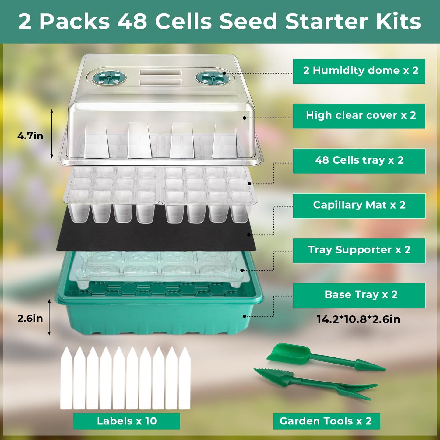 Hanaoyo Self-Watering Seed Starter Tray 2 Packs, 96 Cells Seed Starter Kit with Humidity Vented Domes and High Lid, Germination Kit for Indoor Greenhouse Seed Starter