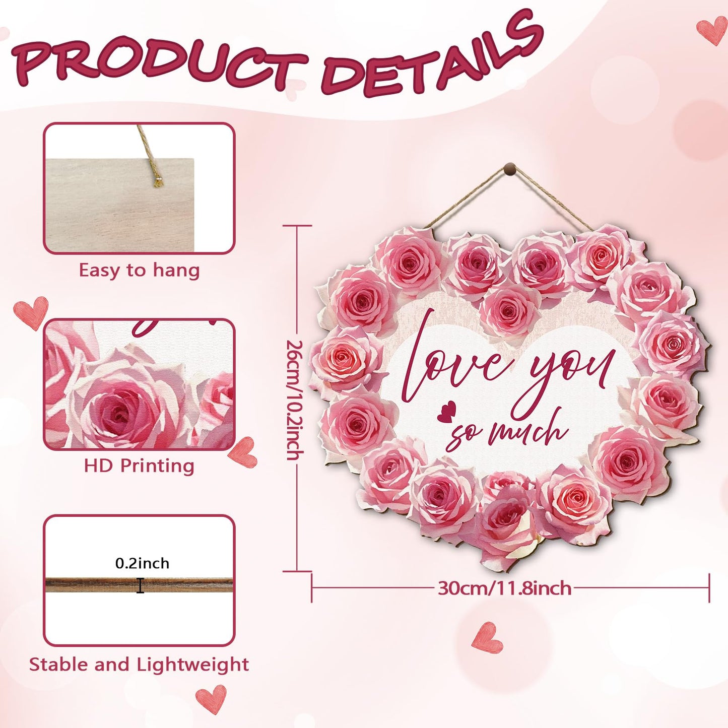 VGICH Romantic Wall Decor Love You So Much Heart - Pink Wooden Sign for Home, Office, Farmhouse and Bedroom 13.7x10.2 Inches