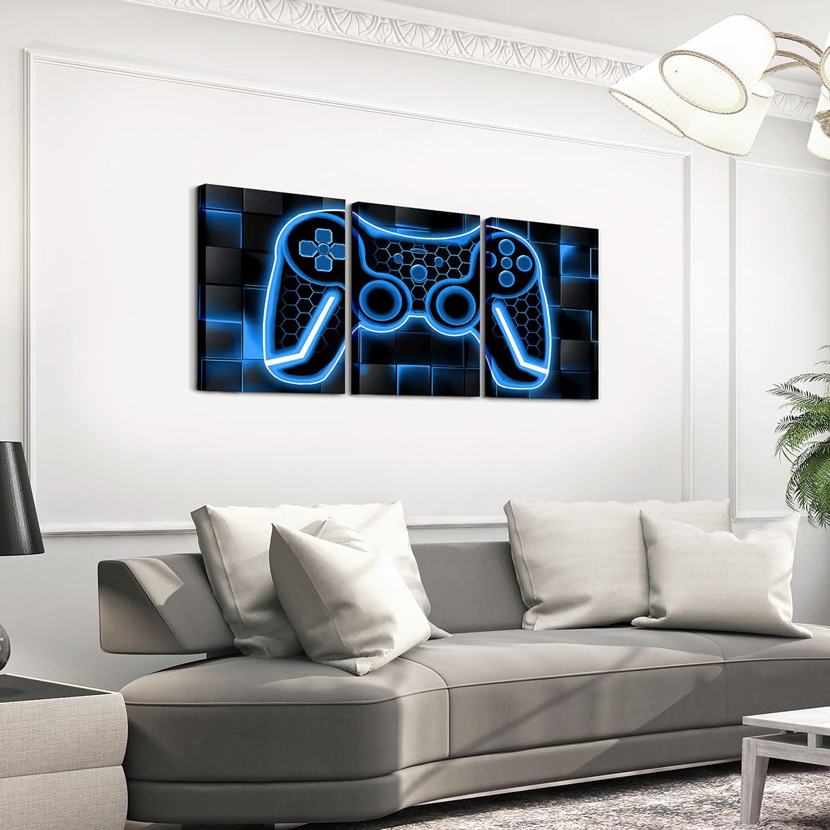 Feelyou Gamer Canvas Wall Art Gaming Bathroom Wall Art for Home Decor 12"x16" 3 Piece for Teens Bedroom Decor Lighting Honeycomb Office Wall Artwork Posters Blue and Black Geometric Wall Painting