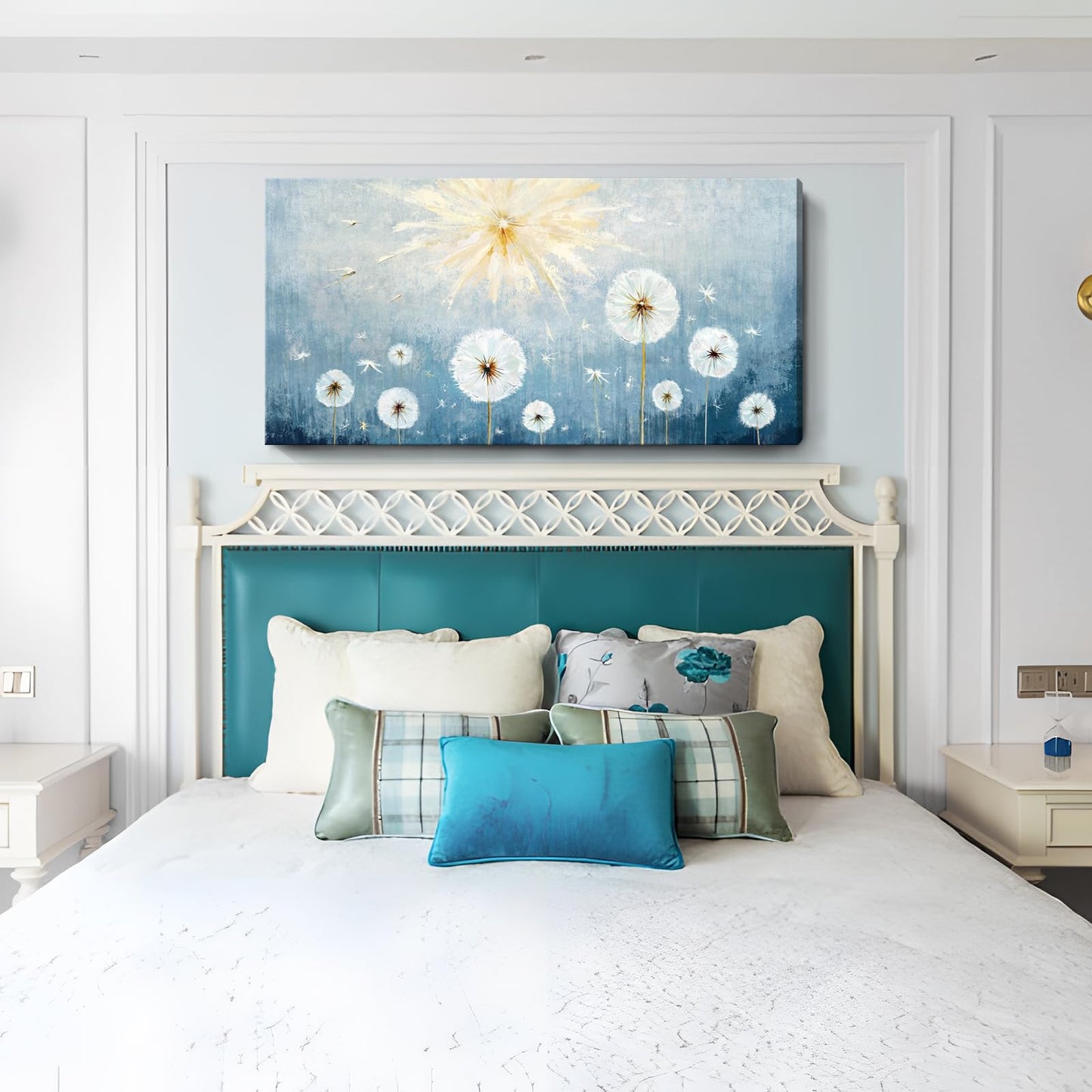 Nicetop Large Canvas Wall Art for Living Room- Floral Landscape Artwork Gallery Wrapped Nature Wildflower Dandelion Print Botanical Flower Picture Bedroom Office Decor,Blue and White, 48x24 Inch