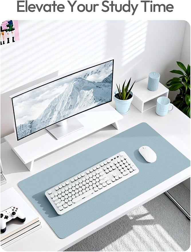 YSAGi Leather Desk Protector, Office Mat, Large Mouse Mat, Non-Slip PU Leather Blotter, Laptop Desk Pad, Waterproof Writing Pad for Office and Home (Ice Blue, 23.6" x 13.8")
