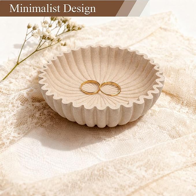 Large Modern Ruffle Bowls, Artificial Stone Decorative Catch All Bowl for Kitchen Counter and Entryway Table, Handcrafted Fruit Bowls and Key Bowl for Home Decor(Beige)