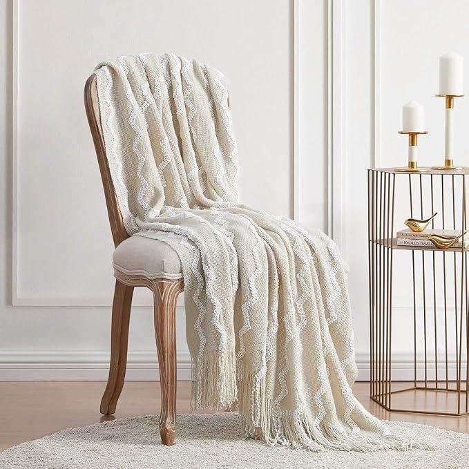 BOURINA Fluffy Chenille Knitted Fringe Throw Blanket Lightweight Soft Cozy for Bed Sofa Chair Throw Blankets Beige 60" x 80"