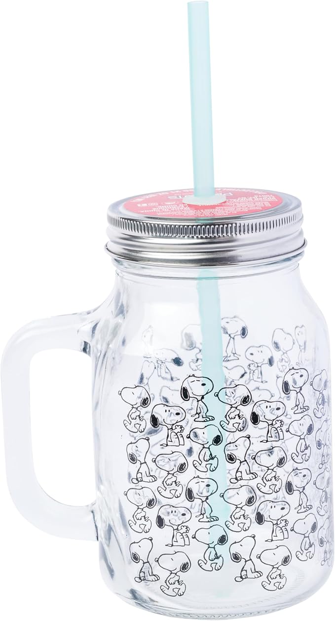 Silver Buffalo Peanuts Snoopy Glass Jar with Lid and Straw, 21 Ounces