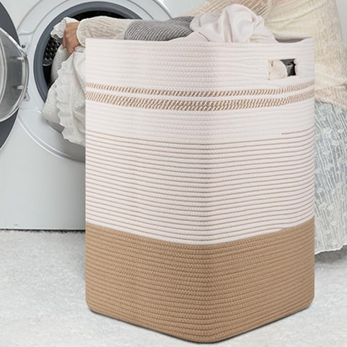 96L Extra Large Cotton Rope Laundry Basket for Bedroom & Laundry Room, Tall Clothes Hamper with Sturdy Handles, Neutral Storage Bin Capable of Holding Blankets and Toys