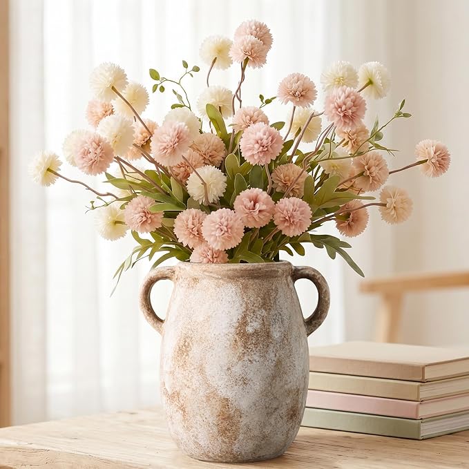 Ceramic Flower Vase with Handles, 7.9in Farmhouse Table Rustic Vases, Waterproof Pottery Clay, Flower Terracotta Vases for Home Decor, Living Room,Table, Handcrafted (Terracotta)