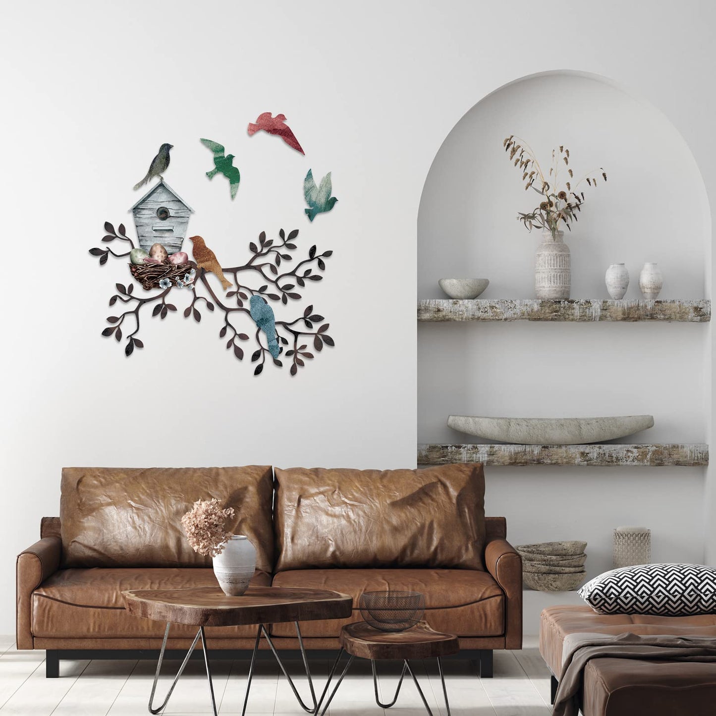 Tatuo Metal Bird Wall Art Birds on The Branch Wall Decor Hanging Metal Sculpture Silhouette Tree with Birdhouse for Living Room Tree Leaf Decor for Indoor Outdoor Garden Bedroom Office Home Party