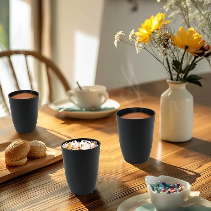 Wheat Straw Cups Sets of 6, Plastic Cups Reusable, Drinking Cup for Kitchen, Small Kids Cup, Unbreakable Water Cup, Dishwasher Safe Plastic Glasses for Kitchen, Camping, School (Black)