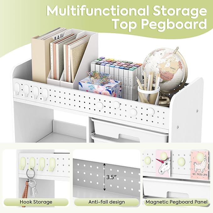 Rolling Storage Cart with Top Pegboard and 6 Drawers, Mobile Utility Cart on Wheels with Locking Brakes, Craft Organizer Lateral File Cabinet for Home, Office and Craft Room – Wood Frame(White)