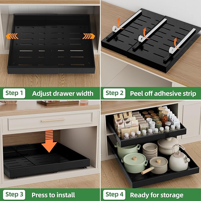 PAKETA 2 Pack Expandable Pull Out Cabinet Organizer, 21'' Deep Pull Out Drawers for Cabinet, Upgrade 3 Slide Rails Sliding Drawer for Cabinets with Adhesive Nano Film (Black, 21"D X 12-20"W)