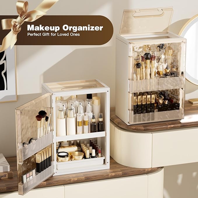 Makeup Organizer with Drawers and Lid, Large Skincare Organizer for Vanity, Dustproof Cosmetic Organizer and Makeup Storage Box with Brush Holder for Dresser, Bathroom Countertop