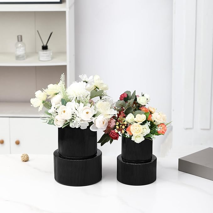 Ribbed Glass Vases for Bouquet, Set of 2 Black Glass Vases for Flowers, Black Flower Vase for Tulips, Modern Vase for Living Room, Office, Coffe Table, Dining Table, Shelf, Wedding