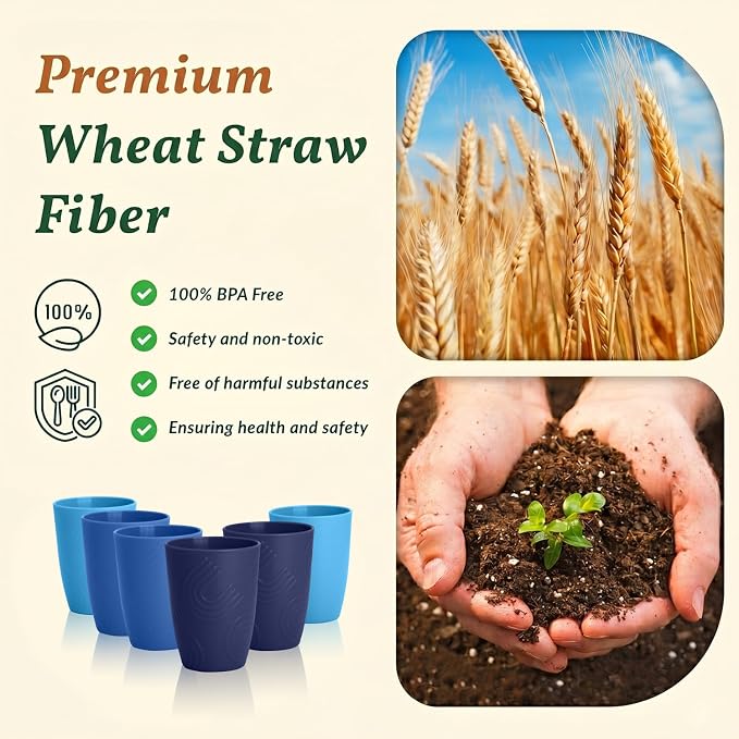 Homienly Cup Sets for Kitchen 12oz Wheat Straw Cups Unbreakable Drinking Cups Set of 6 - Lightweight,Reusable Cups for Kitchen, Outdoor- Blue Sky