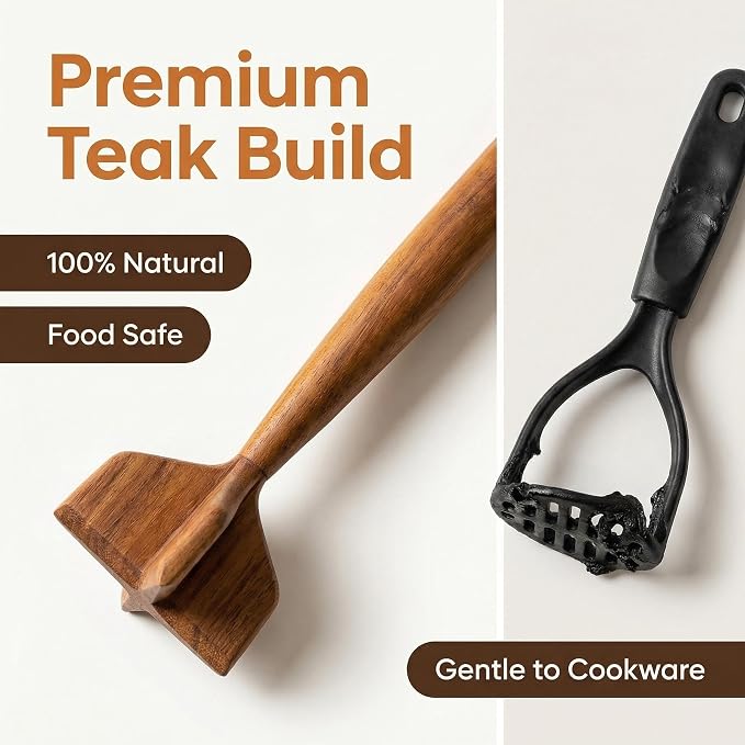 Natural Teak Wood Meat Masher, Ground Beef Masher, 11.5 Inch Chicken Shredder Tool, Multipurpose Kitchen Tool