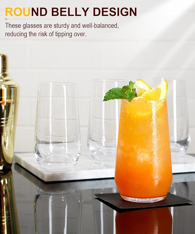 LUNA & MANTHA Drinking Water Glasses Set, Lead-Free Crystal Highball Glass, Tall Glass Cups for Cocktail Parties,Clear set of 8,16.2oz