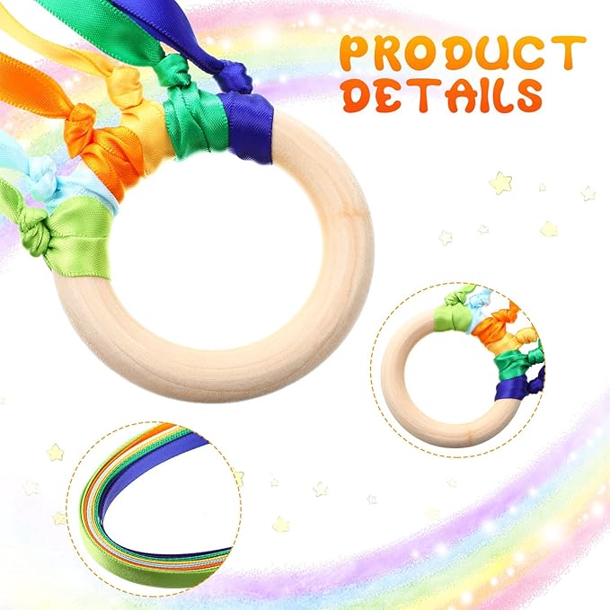 Junkin Ribbon Rings Hand Kite Waldorf Toys Dancing Wrist Ribbons Rainbow Streamers with Wood Ring Sensory Learning Educational Toy for Playroom Dancing Birthday Party Gift(24 Pcs)