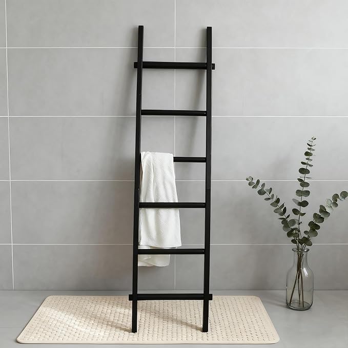 Wooden Blanket Ladder - Natural & Motley Wood - Leaning Wall Decor for Bedroom, Bathroom, Living Room - Rustic Quilt Holder & Towel Rack (Black Wood Color, 76in（6-Tier）)