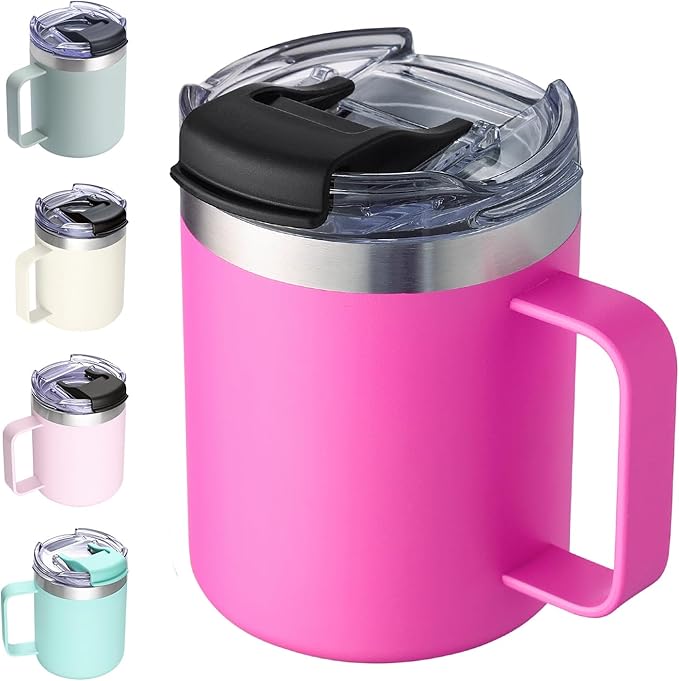 12oz Insulated Coffee Mug Cup with Handle, Stainless Steel Travel Coffee Mug with Flip Lid, Double Wall Vacuum Coffee Tumbler,Raspberry Vibes