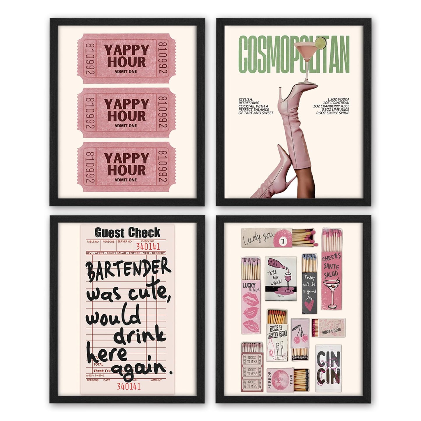 NaZaUK Pink Bar Cart Decor Wall Art, Aesthetic Artwork for Home Living Room Bar Cart Kitchen Wall Decor for College Apartment Set of 4, 8x10 Inch (Unframed)