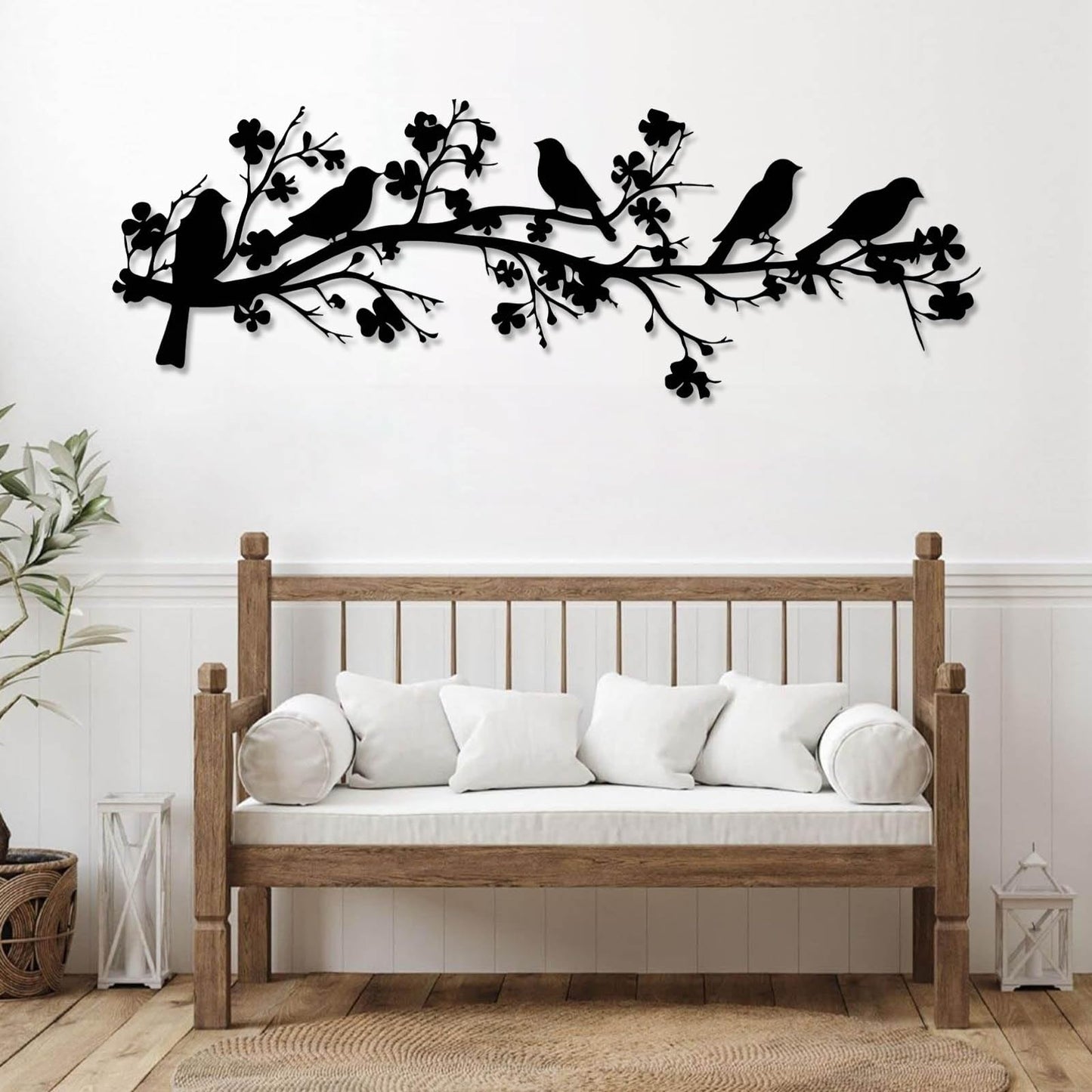 vinwipe Birds on Branch Metal Wall Decor, Metal Birds Wall Art, Bird on Flower Branch Wall Art, Nature Wall Decor, Flowers Wall Decoration, Farmhouse Bedroom Wall Hanging (Gold, 48"x16"/121x42cm)