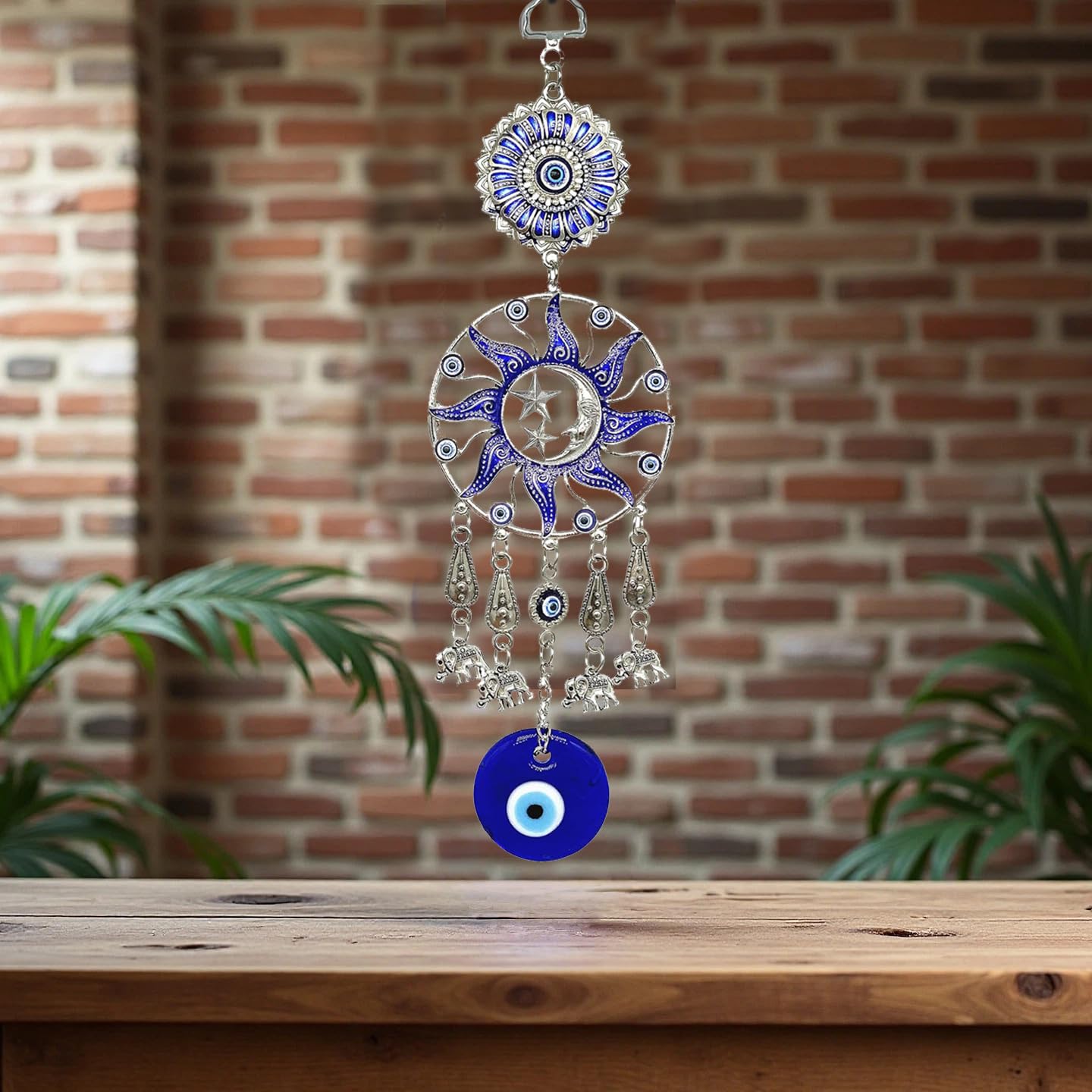 Turkish Evil Eye Wall Hanging, Blue Silver Sun Moon Stars Design with Elephant Charms, Traditional Protection Amulet Decor (1, Moon Star)
