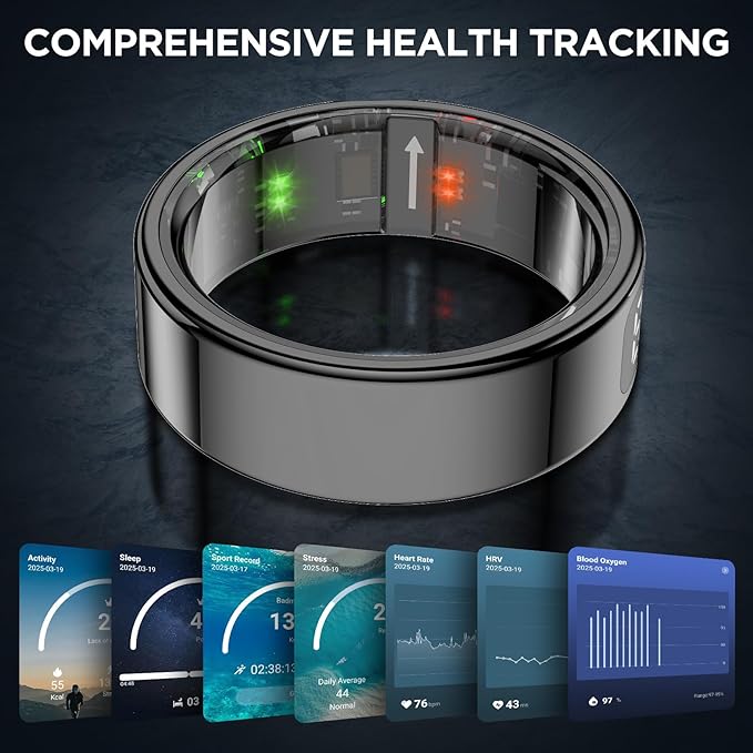 Smart Rings for Men with Display Screen, Fitness Ring with Wireless Charging, Sleep Tracker Ring with Heart Rate, Health Rings for Activity Monitoring/Steps/Calories, for iOS Android (Black,12#)