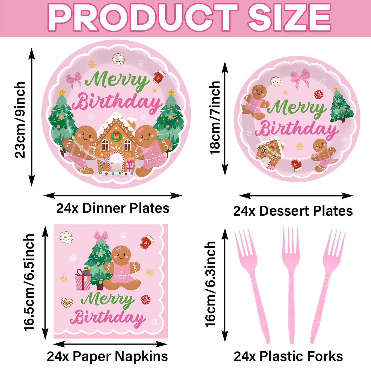 96 Pcs Gingerbread Birthday Party Plates Napkins Tableware Set Pink Christmas Party Supplies Disposable Dinnerware Merry Birthday Decoration Favors for Winter Xmas Baby Shower Holiday, 24 Guests