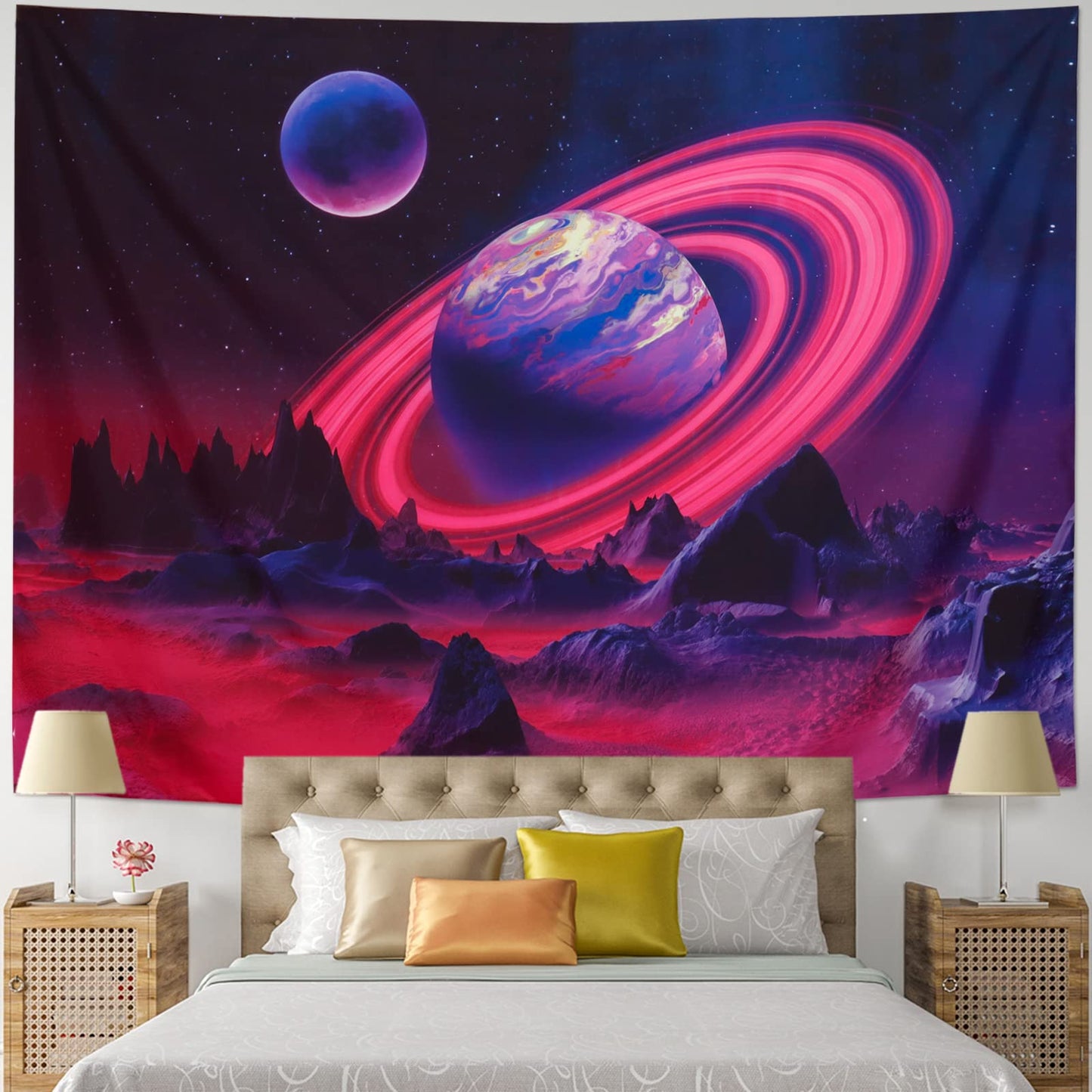Leofanger Blacklight Trippy Planet Tapestry UV Reactive Mountain Wall Tapestries Galaxy Space Tapestry Starry Night Sky Tapestries Wall Hanging for Home Decor(51.2"x59.1")