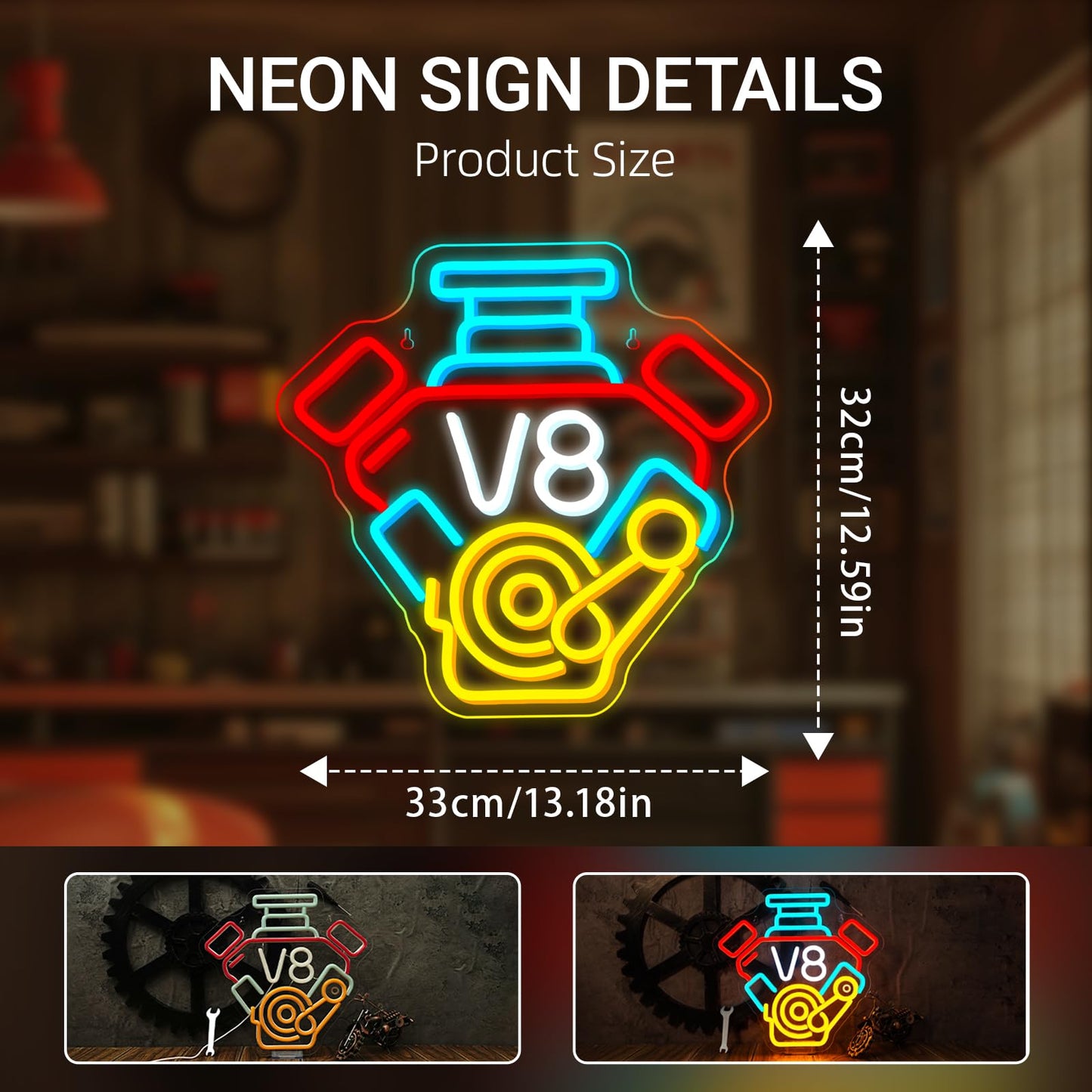 V8 Engine Neon Sign Racing Decor Muscle Car LED Signs with Workshop Wall Art UV Car Neon Signs for Man Cave LED Shop Lights Cool Garage Gifts for Men Garage