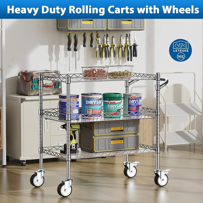 Leteuke 3 Tier Rolling Carts with Wheels, Heavy Duty Rolling Utility Cart,NSF Commercial Grade Metal Cart with Handle&Shelf Liner,Trolley Serving Cart for Kitchen,Restaurant,Plant Display,Chrome