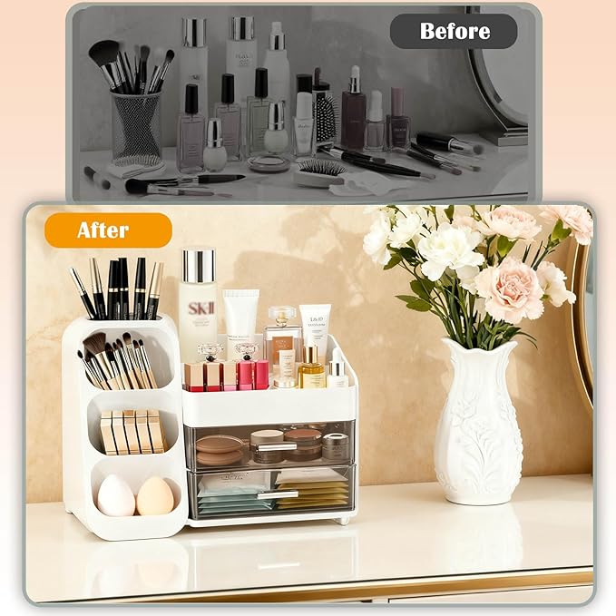 Bathroom Countertop Makeup Organizer with Brush Holder, Large Cosmetic make up storage organizers with 2 Drawers for Vanity Counter top, Makeup Caddy for skincare, lipsticks, hairbrush