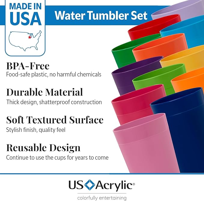 US Acrylic Newport 12-Pack Unbreakable Plastic Cups (20 ounces) 12 Assorted Bright Colors, BPA Free drinking glasses, Dishwasher Safe tumblers for Parties, Camping, & Everyday Use