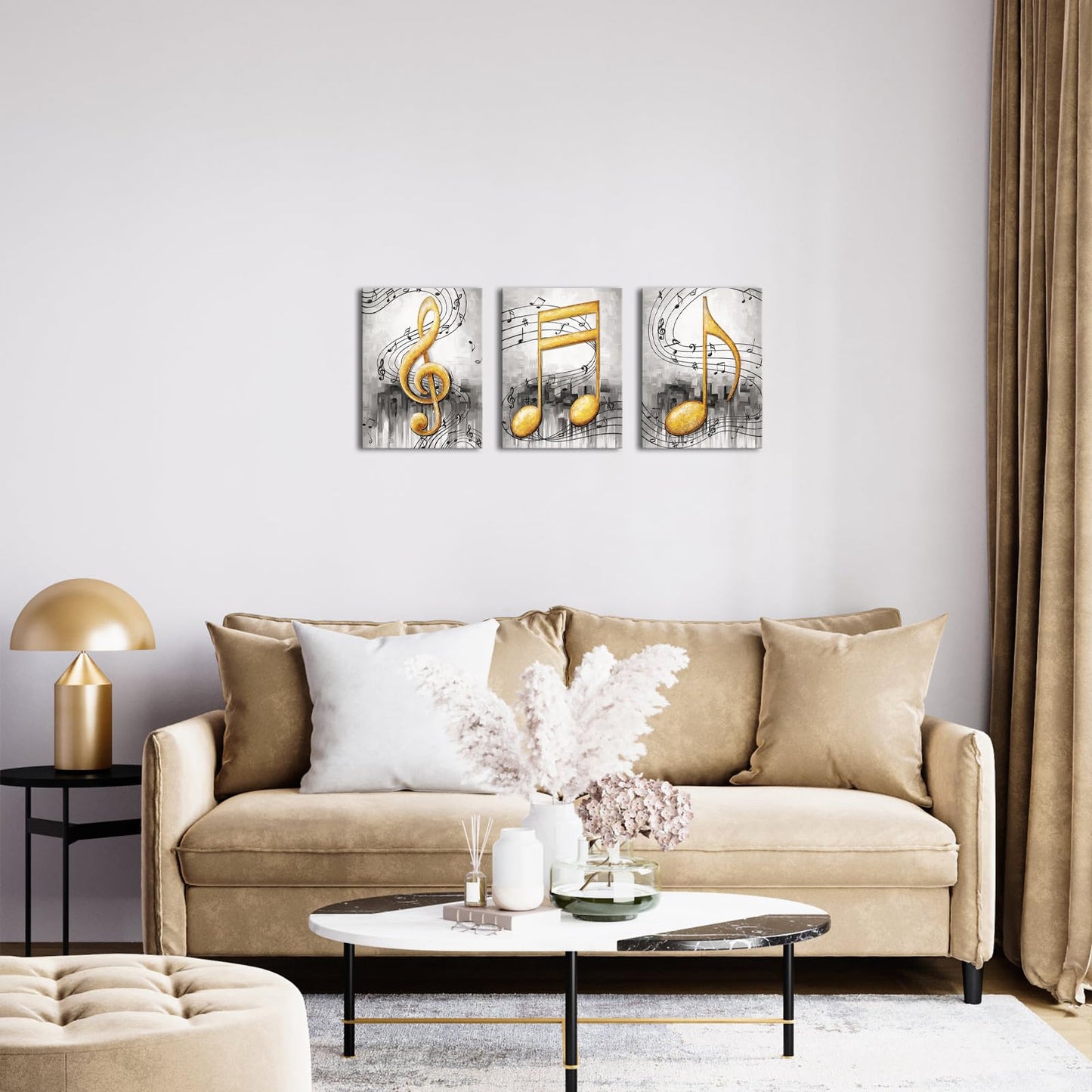 Biuteawal 3Pcs Music Notes Wall Art Grey and Gold Canvas Painting Musical Art Pictures Prints Modern Stylish Music Room Classroom Wall Decor Framed