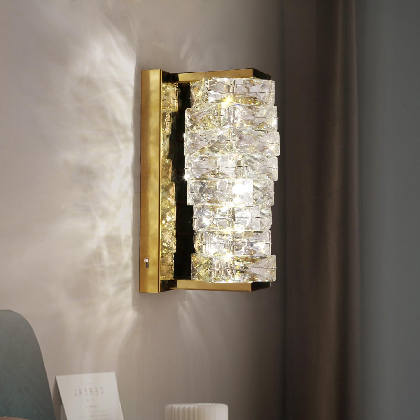 HuisMier Gold Crystal Wall Sconce, Modern Dimmable LED Sconces Wall Lighting, Luxury Vanity Light Fixture Bathroom Wall Sconces for Living Room Bedside Hallway Stairway