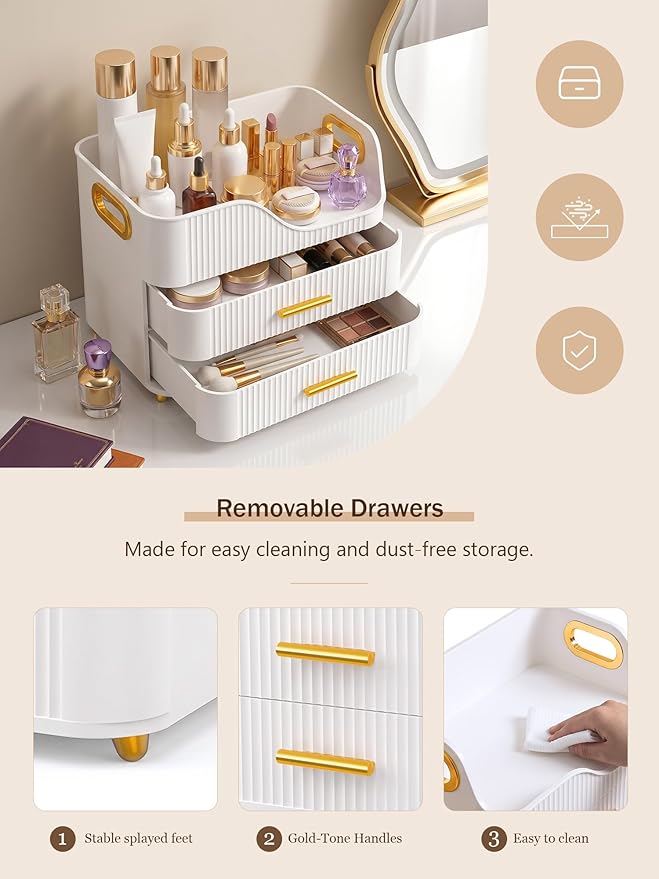 Booklov Countertop Makeup Organizer with Drawers, 3 Tier Large Cosmetic Storage Box for Vanity, Bathroom Counter, Dresser, Skincare Display Case for Lipsticks, Beauty Palettes, Teen Girl Gifts, White