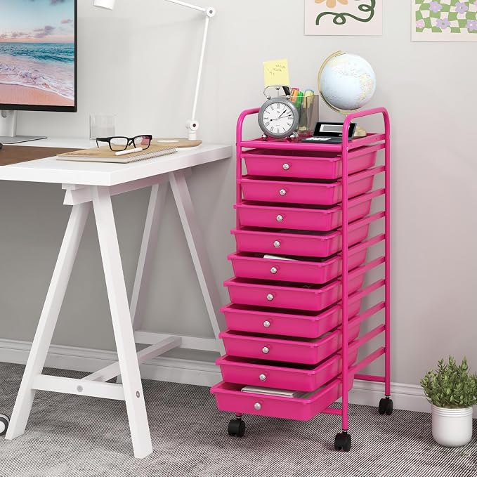 MEDIMALL 10 Drawers Rolling Storage Cart, Multipurpose Craft Storage Cart with Wheels, Mobile Tools Scrapbook Paper Organizer Cart for Office School Home Use