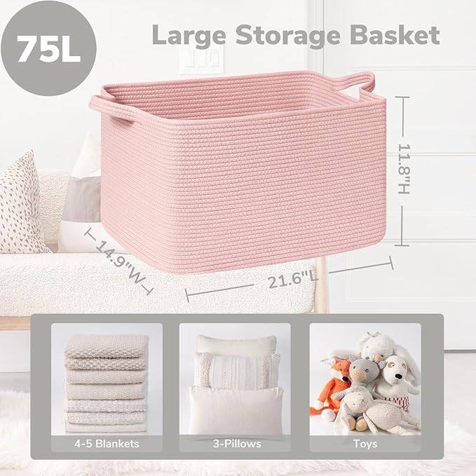 Goodpick Large Blanket Basket, Woven Baskets for Storage, Large Baskets for Organizing, Rectangle Toy Basket for Nursery, Bedroom, 21.6" x 14.9" x 11.8", Pink