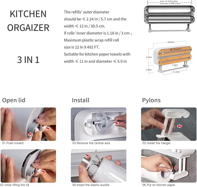 APSARAS USA Magnetic Plastic Wrap Dispenser with Cutter, 3 in 1 Aluminum Foil wrap Organizer, Practical Refillable Cling Wrap Film Cutter, Wall Mount Kitchen Wrap Dispenser, Include 2 * 12" Rolls